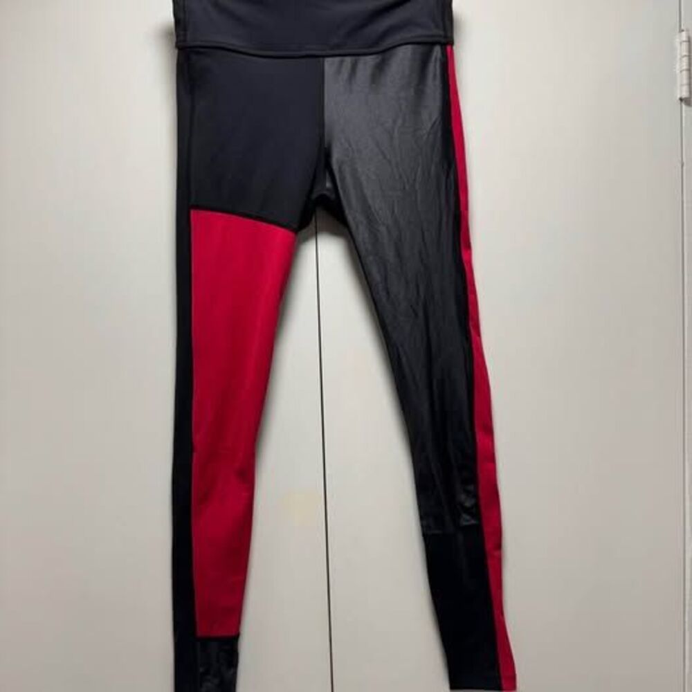 Alala Vamp Colorblock Liquid Shiny Leggings Black Red Faux Leather Accent XS